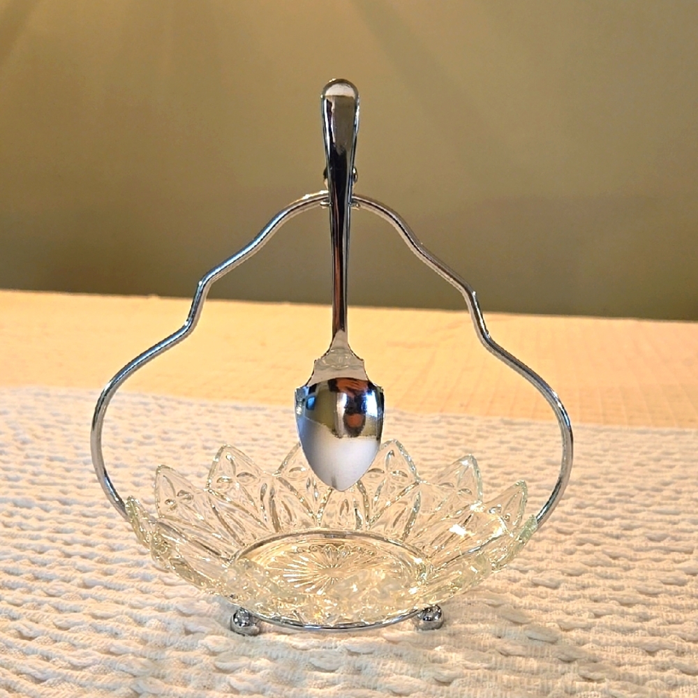 Vintage Sheffield England Jam, Jelly or Relish Glass Dish Set with Serving Spoon